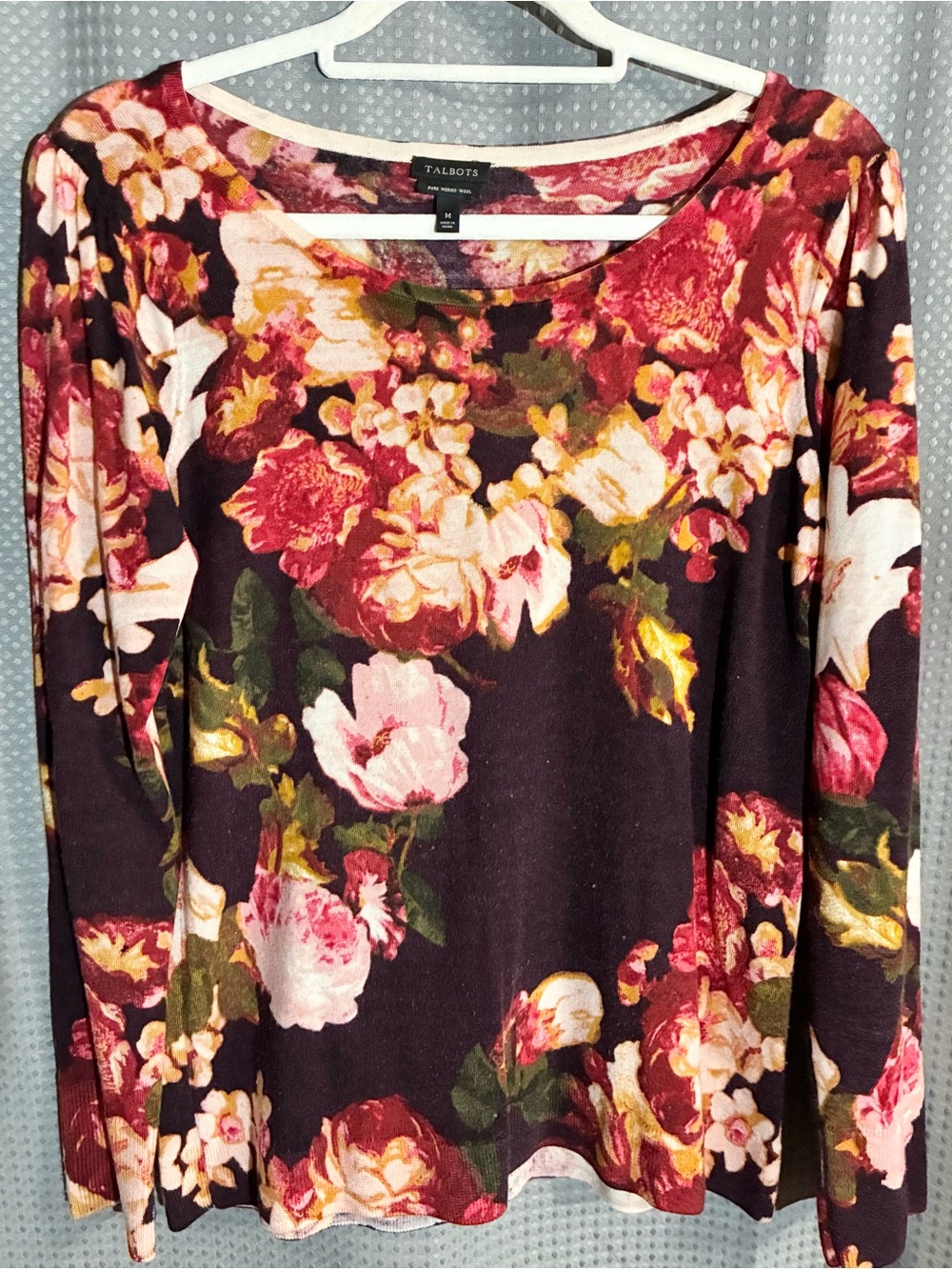 Talbots Floral Merino Wool Sweater Sz M Lightweight Breathable Sustainable Chic